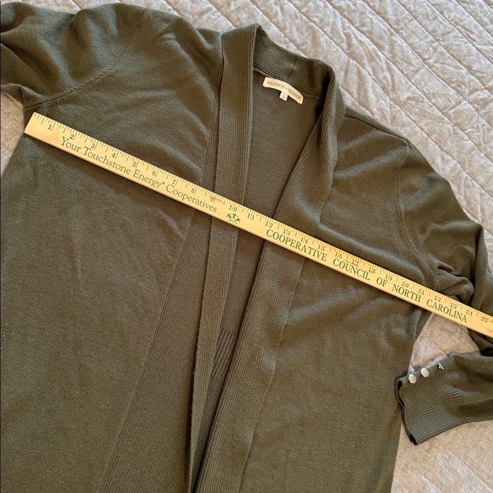 Long Open-Front Cardigan; olive green size large - Picture 6 of 11